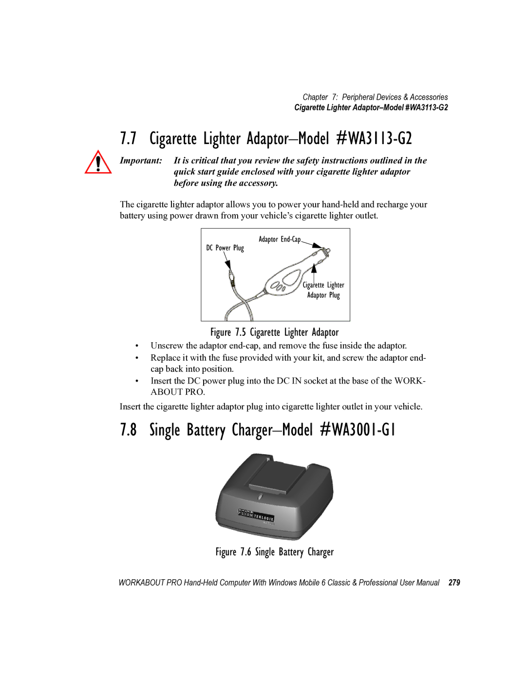 Psion Teklogix ISO 9001 user manual Single Battery Charger-Model #WA3001-G1, Cigarette Lighter Adaptor-Model #WA3113-G2 