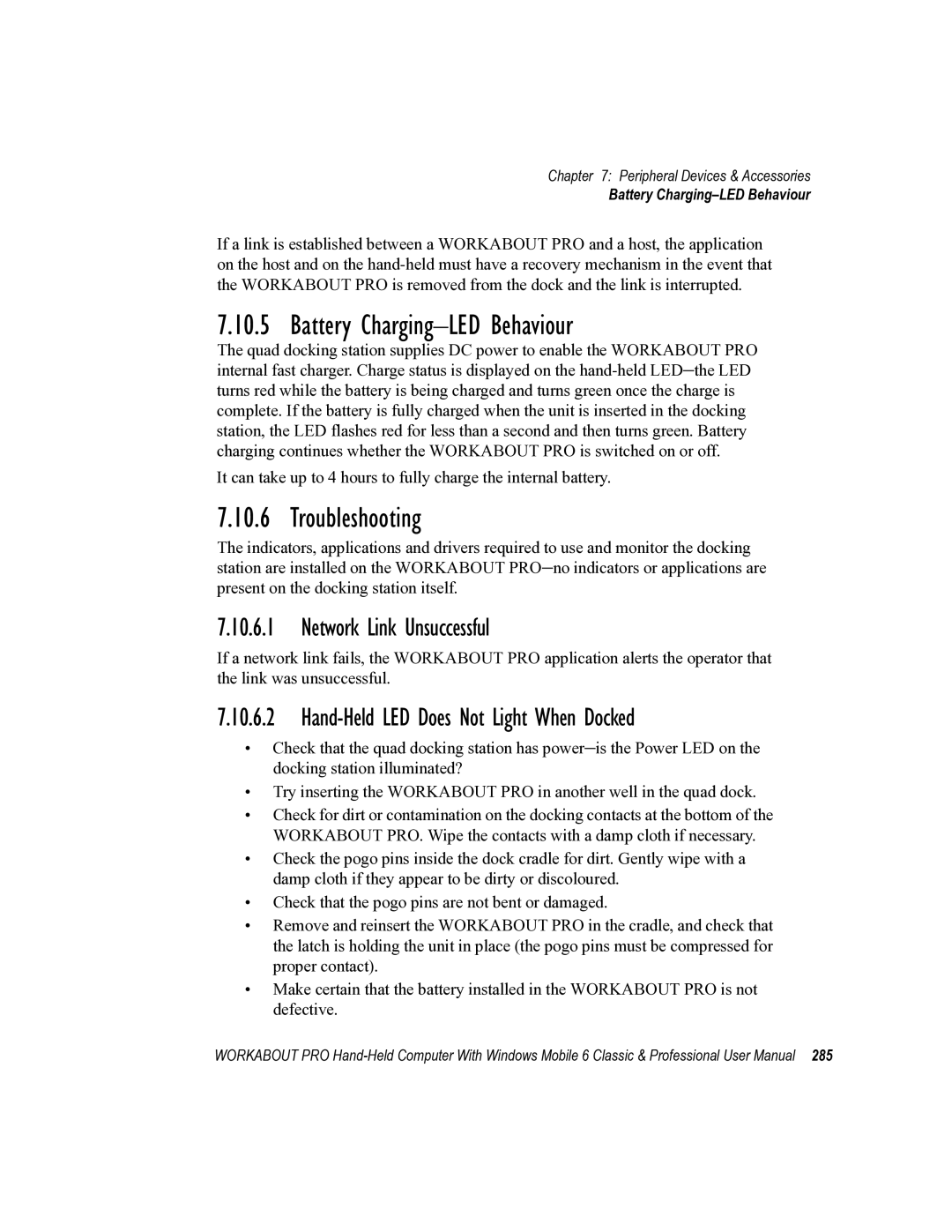 Psion Teklogix ISO 9001 user manual Battery Charging-LED Behaviour, Network Link Unsuccessful 