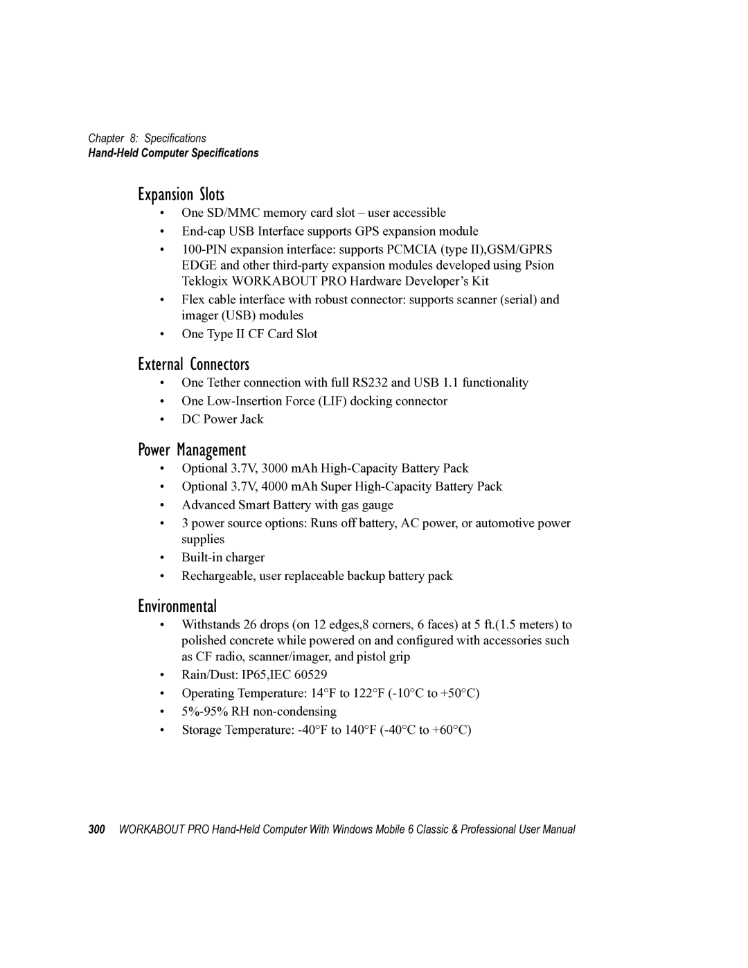 Psion Teklogix ISO 9001 user manual Expansion Slots, External Connectors, Power Management, Environmental 