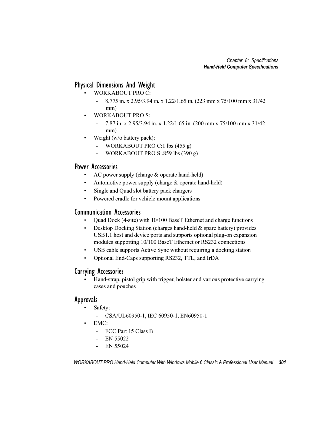 Psion Teklogix ISO 9001 Physical Dimensions And Weight, Power Accessories, Communication Accessories, Carrying Accessories 