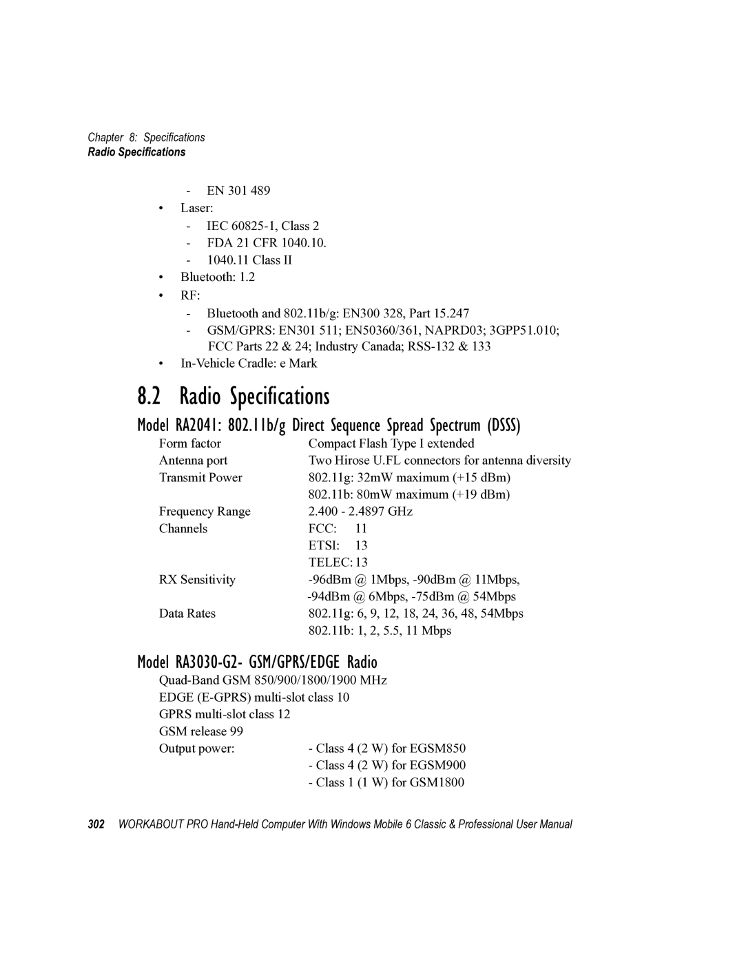 Psion Teklogix ISO 9001 user manual Radio Specifications, Model RA3030-G2- GSM/GPRS/EDGE Radio 