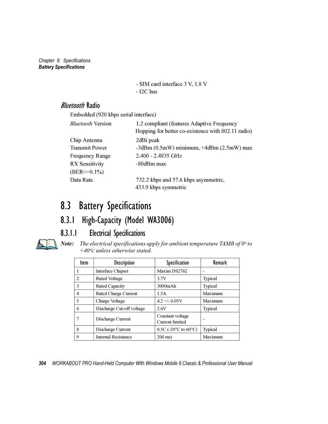 Psion Teklogix ISO 9001 user manual Battery Specifications, High-Capacity Model WA3006, Electrical Specifications 