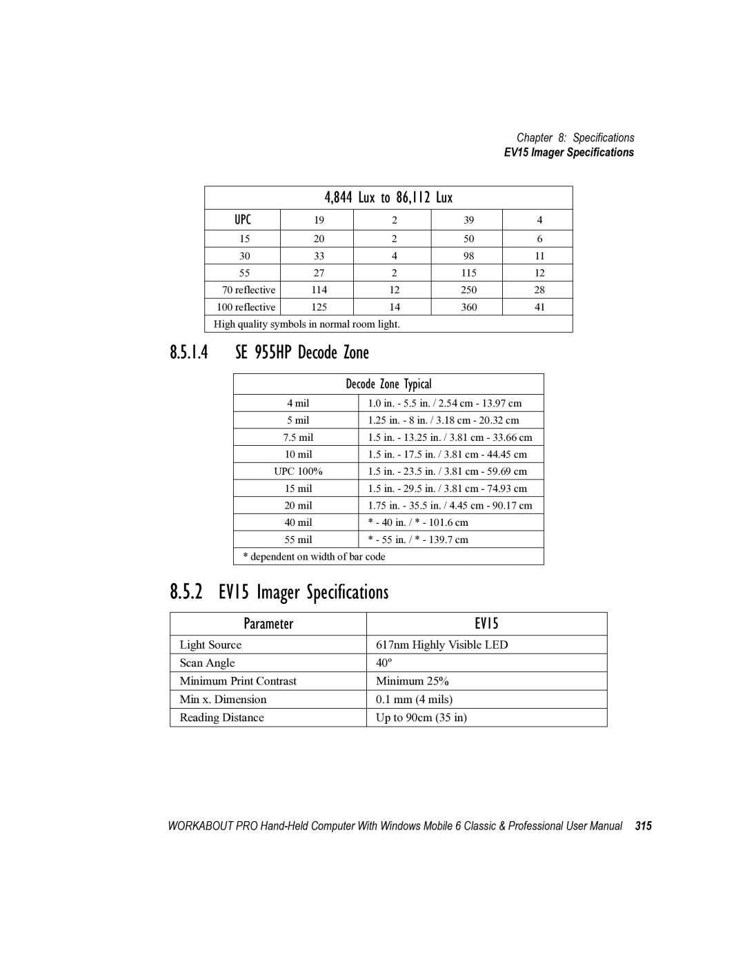 Psion Teklogix ISO 9001 user manual 2 EV15 Imager Specifications, 1.4 SE 955HP Decode Zone 