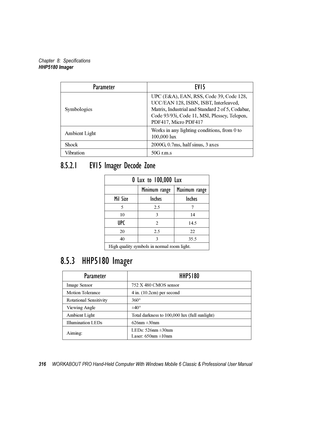 Psion Teklogix ISO 9001 user manual 2.1 EV15 Imager Decode Zone, Lux to 100,000 Lux 