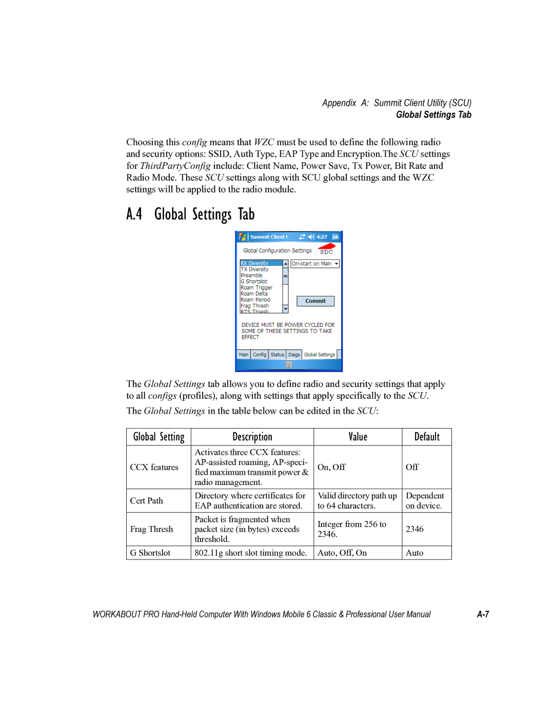 Psion Teklogix ISO 9001 user manual Global Settings Tab 