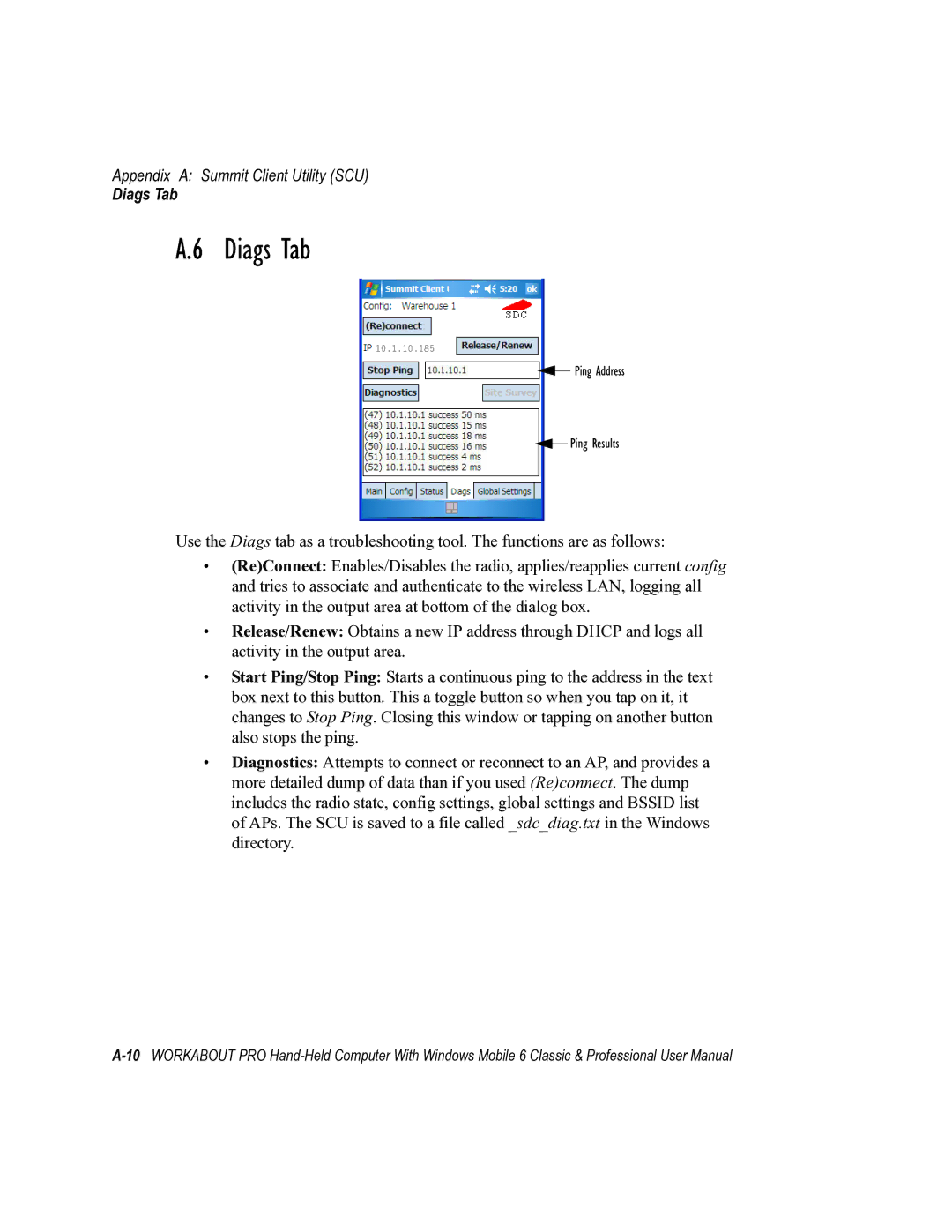 Psion Teklogix ISO 9001 user manual Diags Tab 