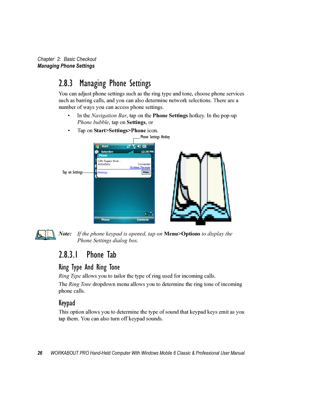 Psion Teklogix ISO 9001 user manual Managing Phone Settings, Phone Tab, Ring Type And Ring Tone, Keypad 