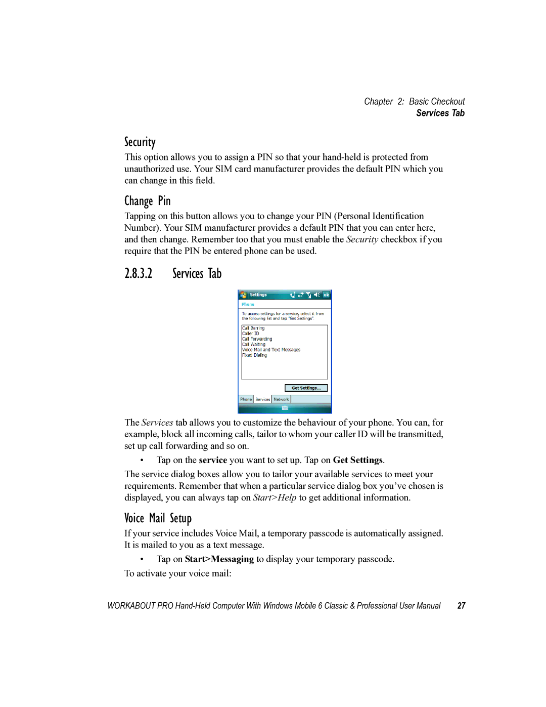 Psion Teklogix ISO 9001 user manual Services Tab, Security, Change Pin, Voice Mail Setup 