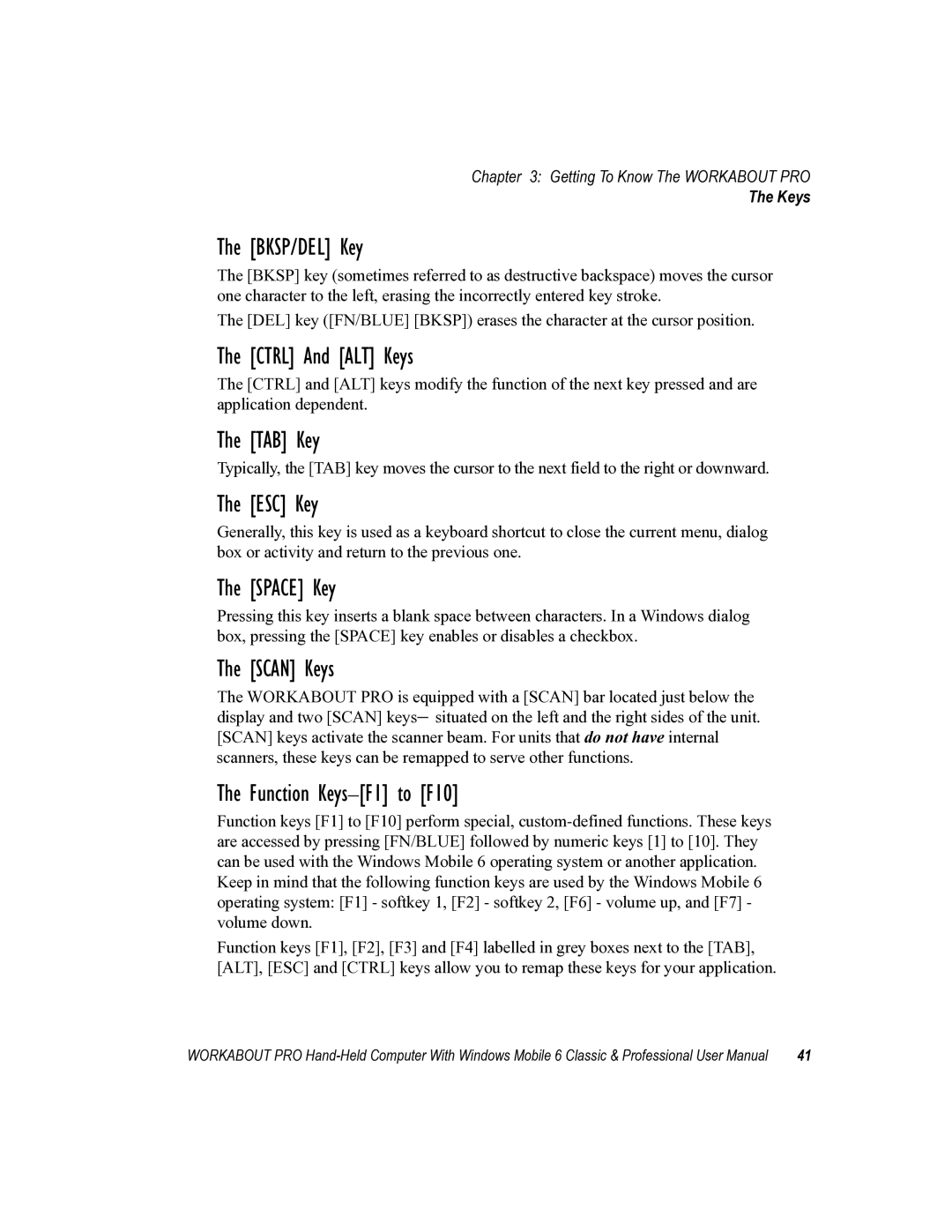 Psion Teklogix ISO 9001 BKSP/DEL Key, Ctrl And ALT Keys, TAB Key, ESC Key, Space Key, Scan Keys, Function Keys-F1 to F10 