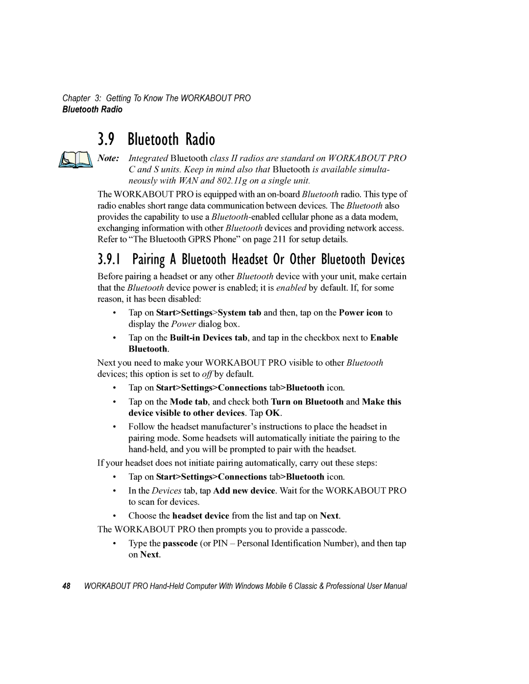 Psion Teklogix ISO 9001 user manual Bluetooth Radio, Pairing a Bluetooth Headset Or Other Bluetooth Devices 