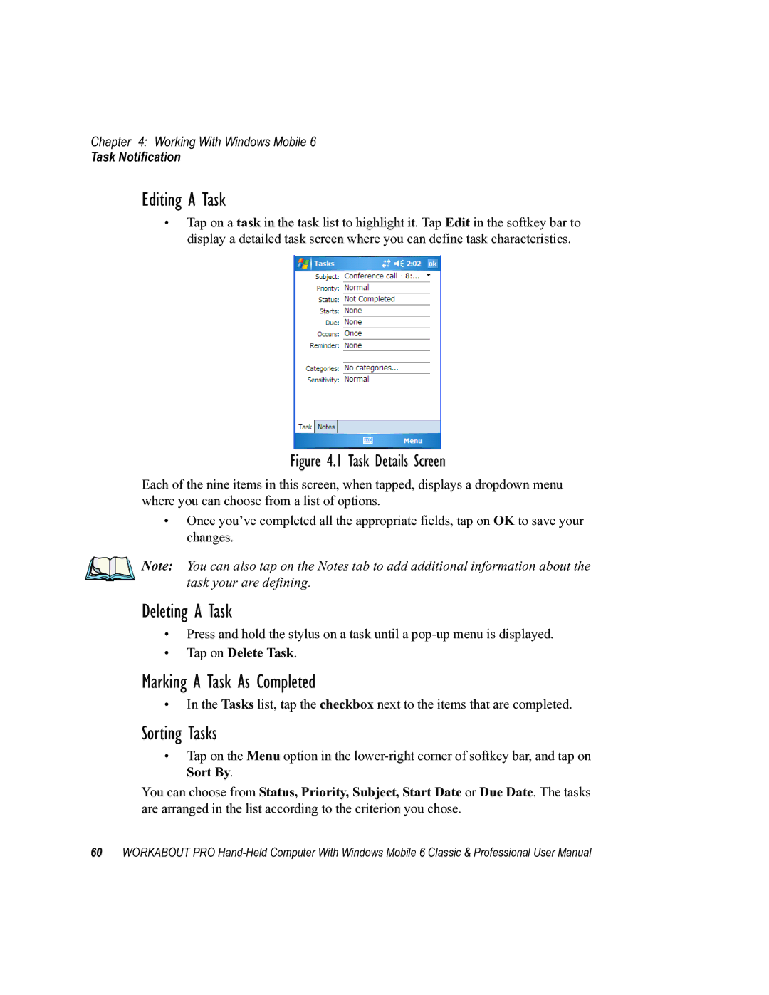 Psion Teklogix ISO 9001 Editing a Task, Deleting a Task, Marking a Task As Completed, Sorting Tasks, Task Notification 