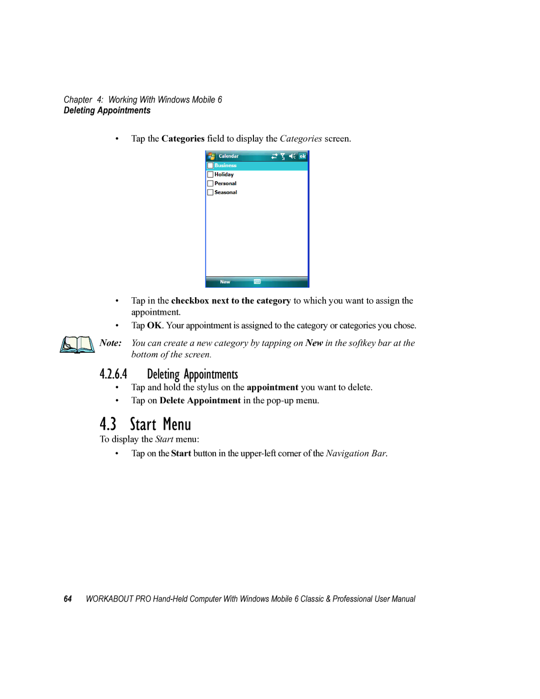 Psion Teklogix ISO 9001 user manual Start Menu, Deleting Appointments 