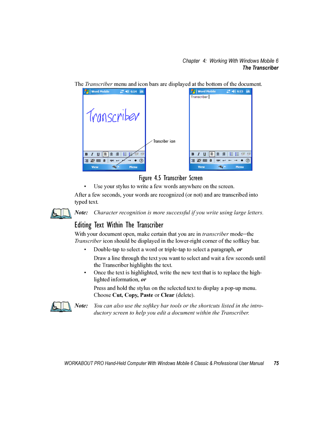 Psion Teklogix ISO 9001 user manual Editing Text Within The Transcriber 