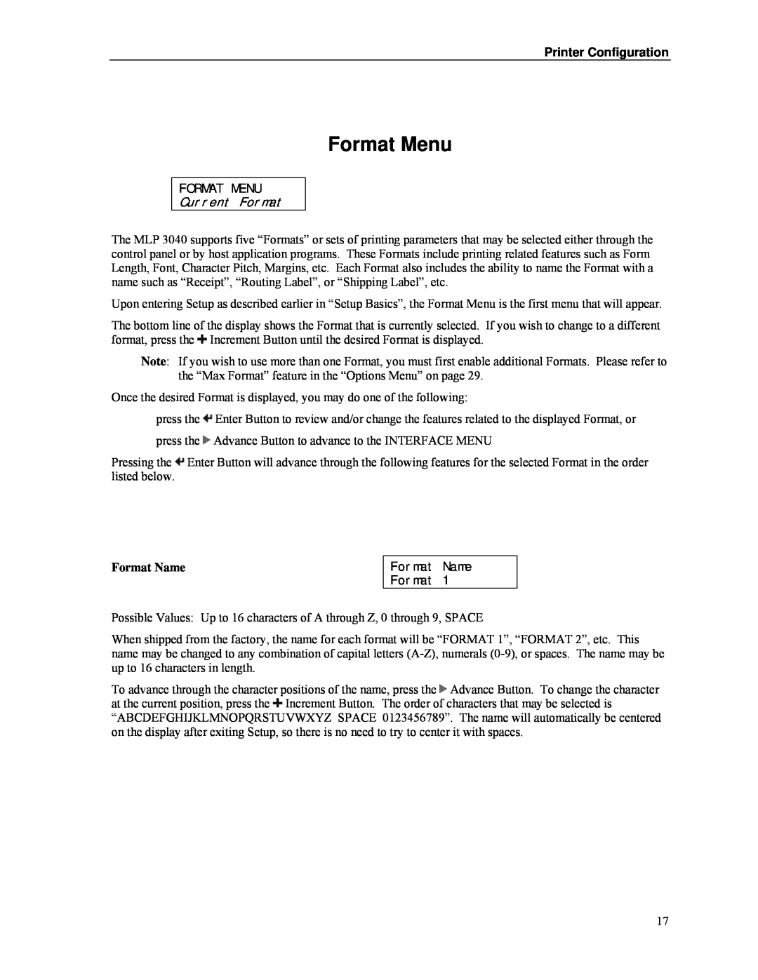 Psion Teklogix MLP 3040 Series manual Format Menu, Current Format, Format Name, Printer Configuration 