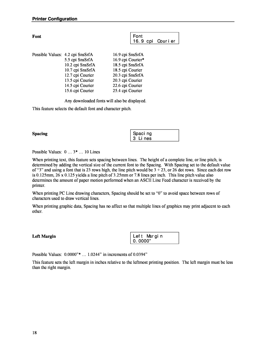 Psion Teklogix MLP 3040 Series manual Font, Spacing, Left Margin, Printer Configuration 