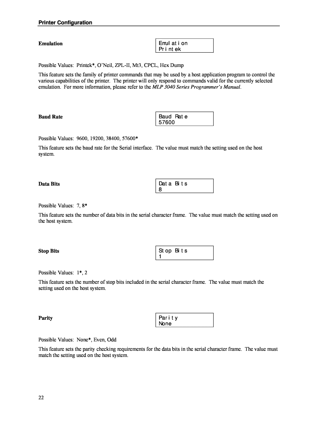 Psion Teklogix MLP 3040 Series manual Emulation, Baud Rate, Data Bits, Stop Bits, Parity, Printer Configuration 