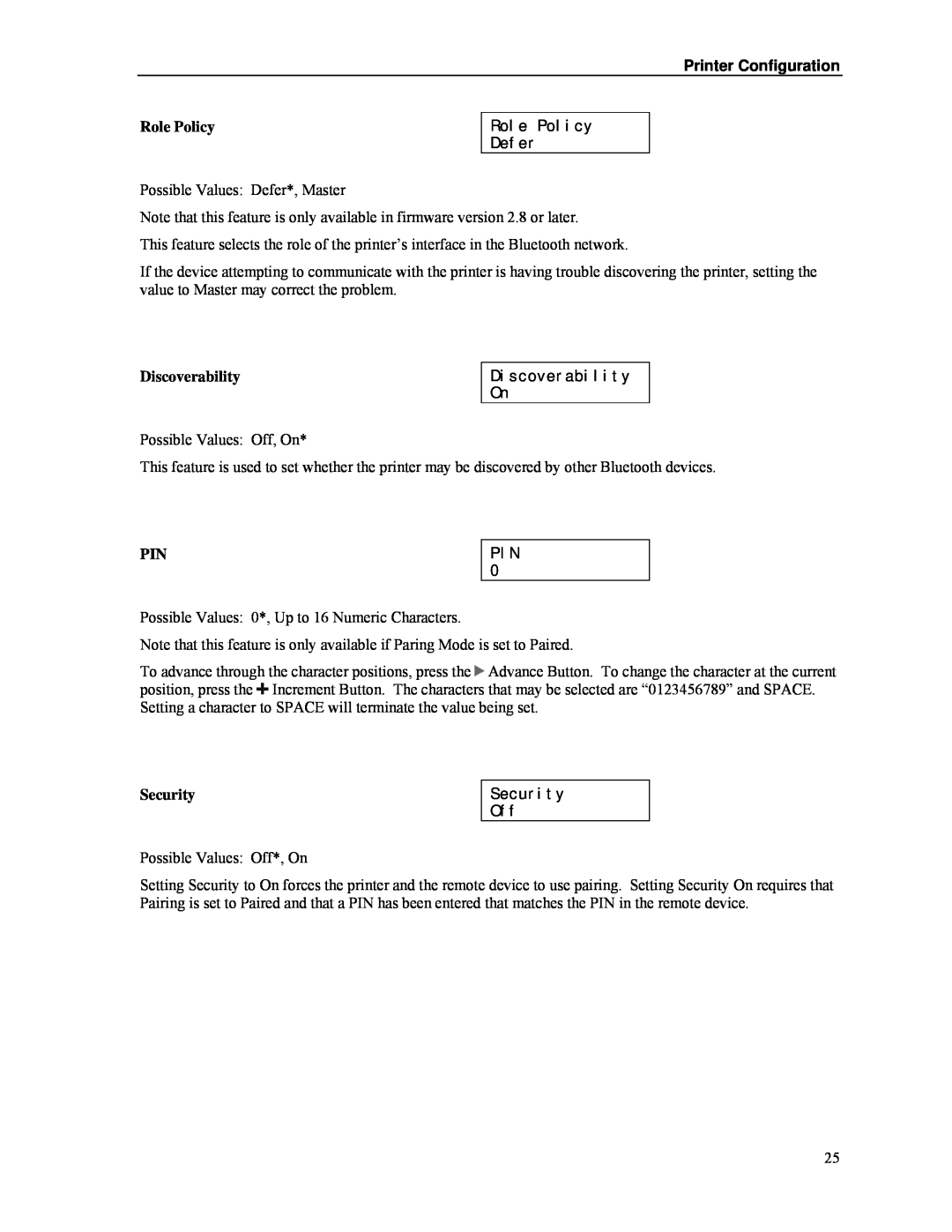 Psion Teklogix MLP 3040 Series Role Policy Defer, Discoverability On, Security Off, Printer Configuration 