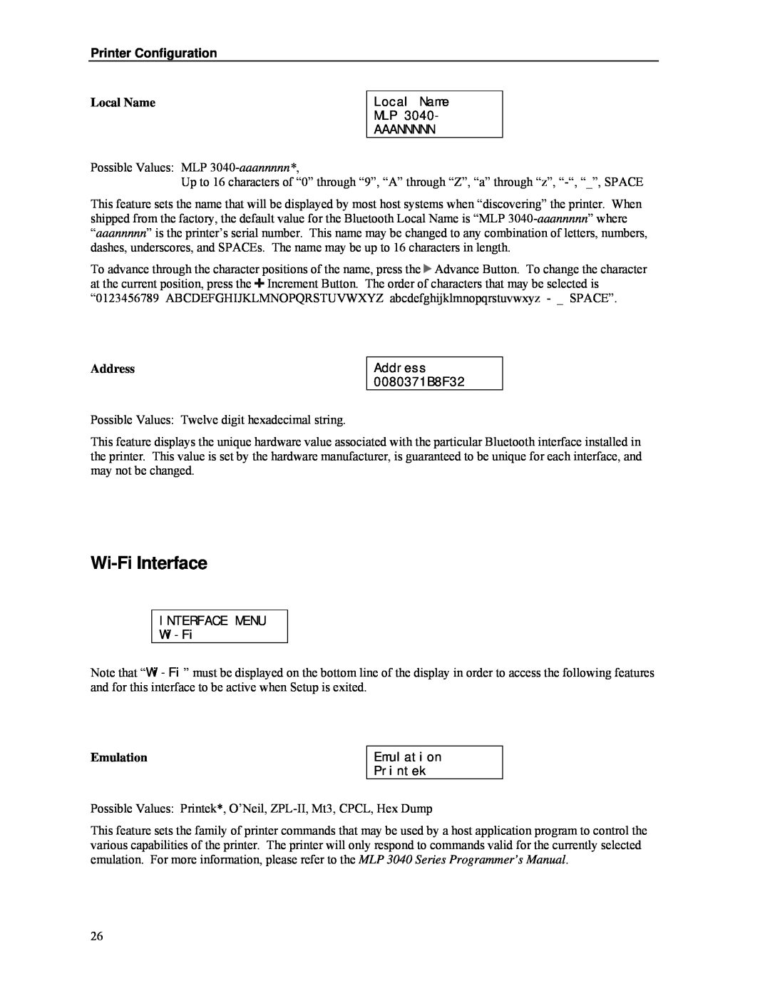 Psion Teklogix MLP 3040 Series manual Wi-Fi Interface, Local Name, Address, Printer Configuration, Emulation 