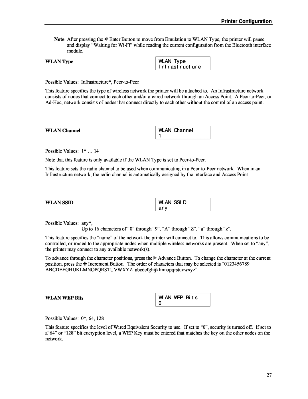 Psion Teklogix MLP 3040 Series manual WLAN Type, WLAN Channel, Wlan Ssid, WLAN WEP Bits, Printer Configuration 