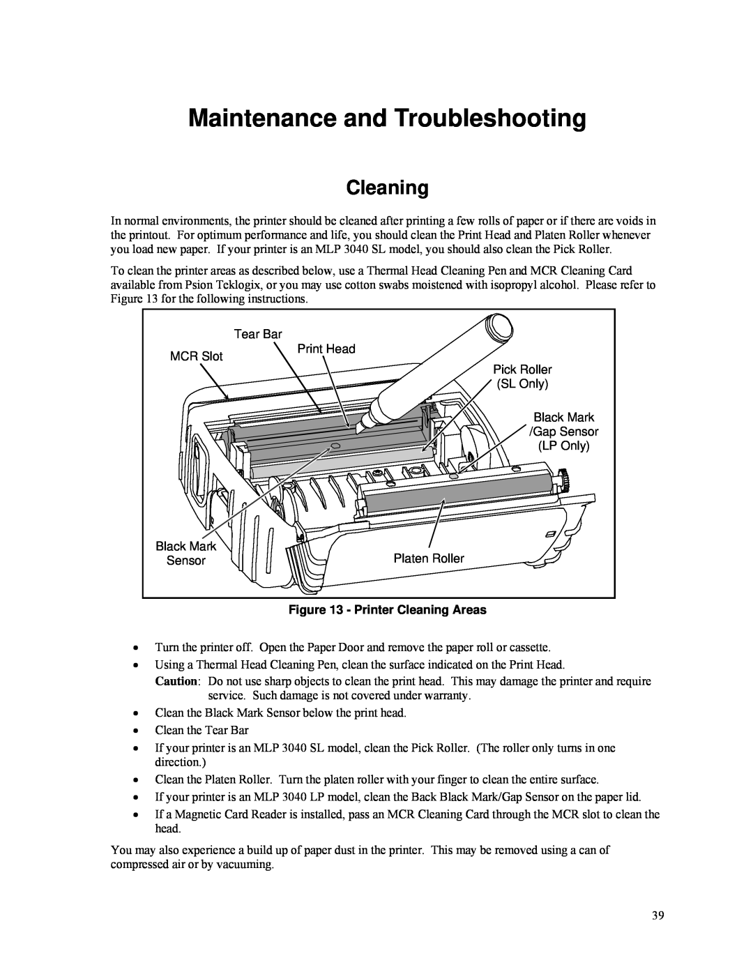 Psion Teklogix MLP 3040 Series manual Maintenance and Troubleshooting, Printer Cleaning Areas 