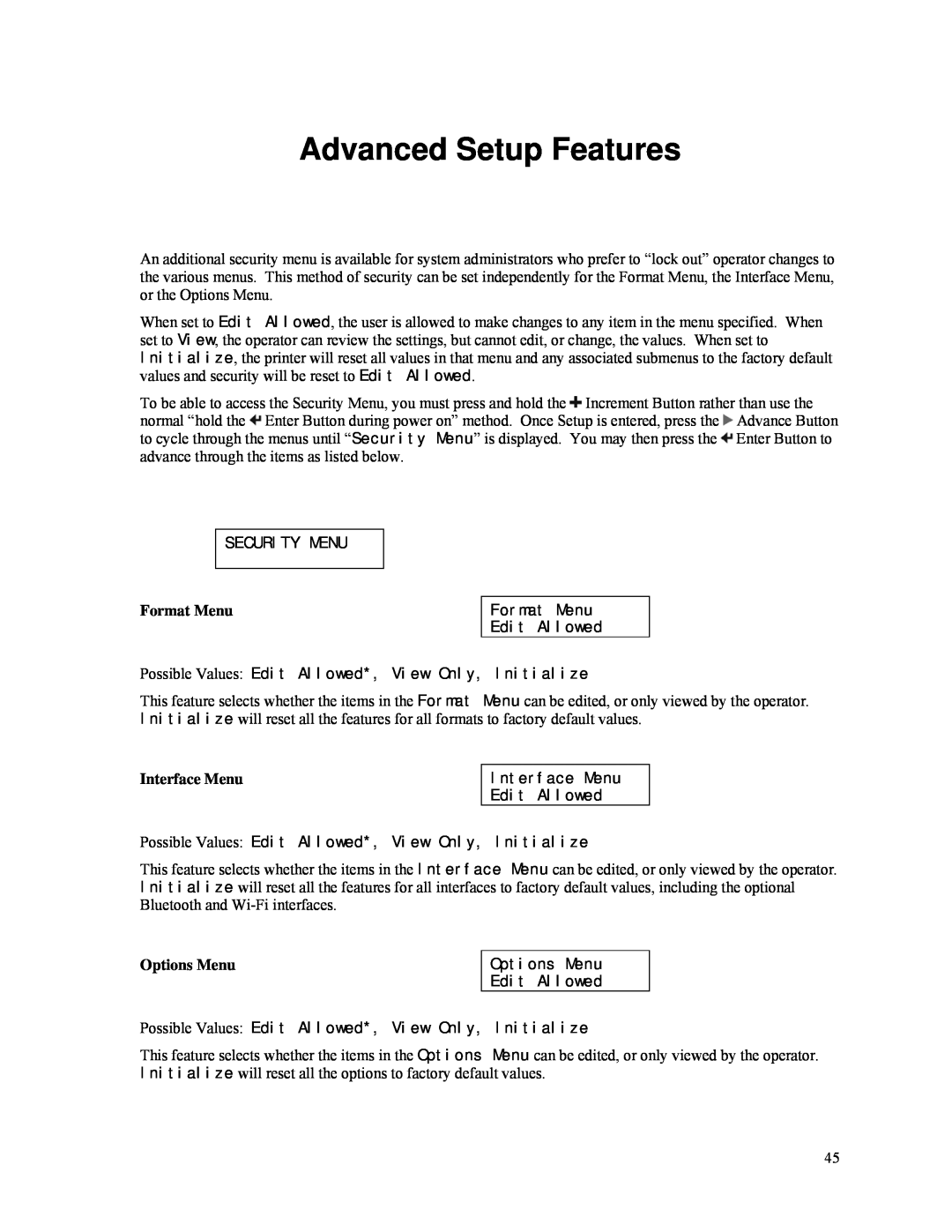 Psion Teklogix MLP 3040 Series manual Advanced Setup Features, Format Menu, Interface Menu, Options Menu 