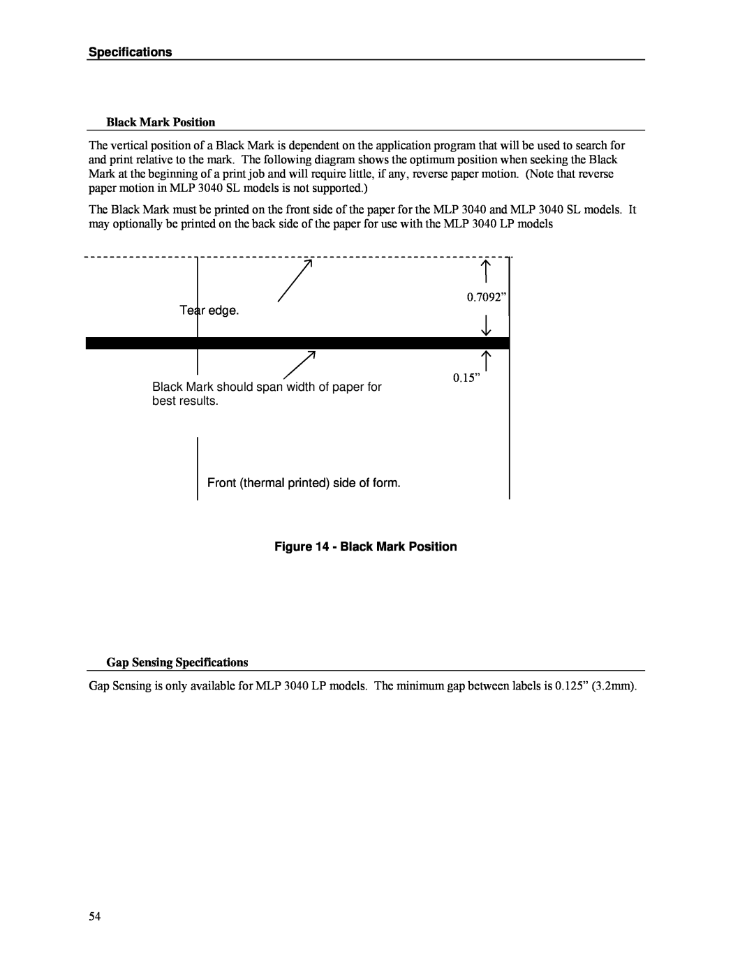 Psion Teklogix MLP 3040 Series manual Black Mark Position, Gap Sensing Specifications 