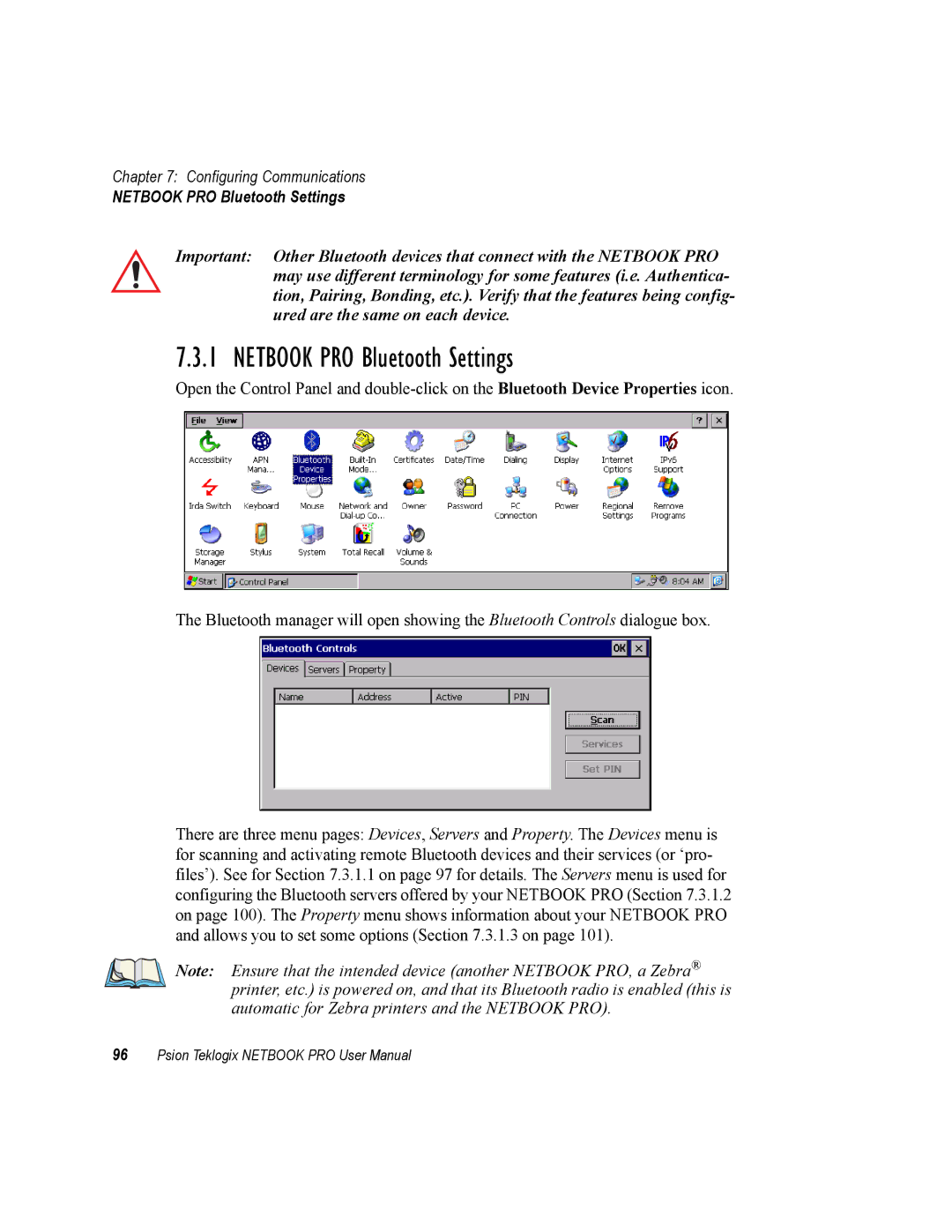 Psion Teklogix none user manual Netbook PRO Bluetooth Settings 