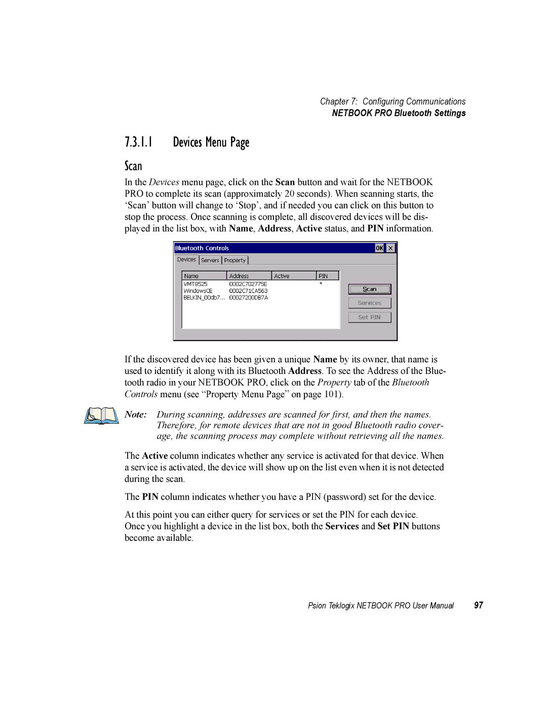 Psion Teklogix none user manual Devices Menu, Scan 