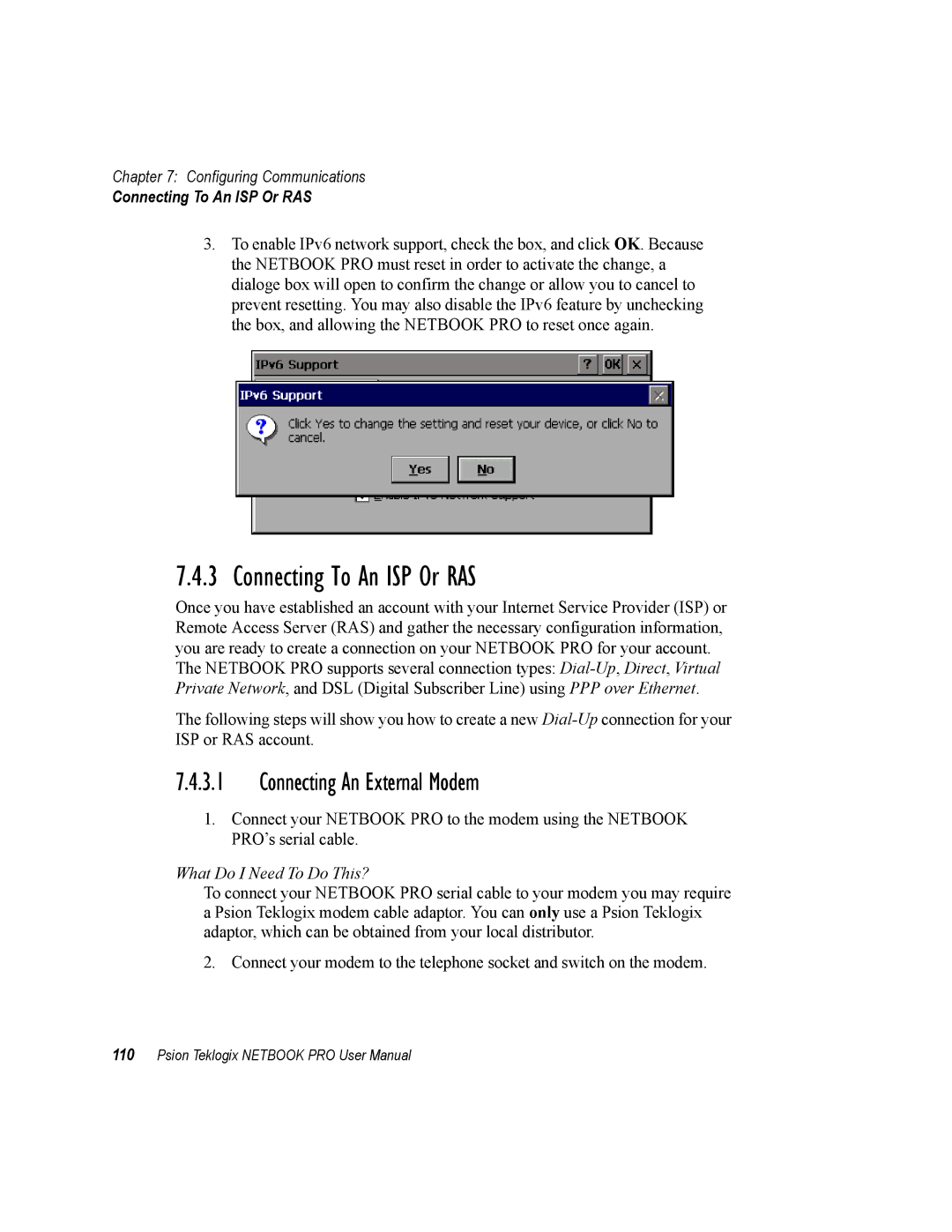 Psion Teklogix none user manual Connecting To An ISP Or RAS, Connecting An External Modem 