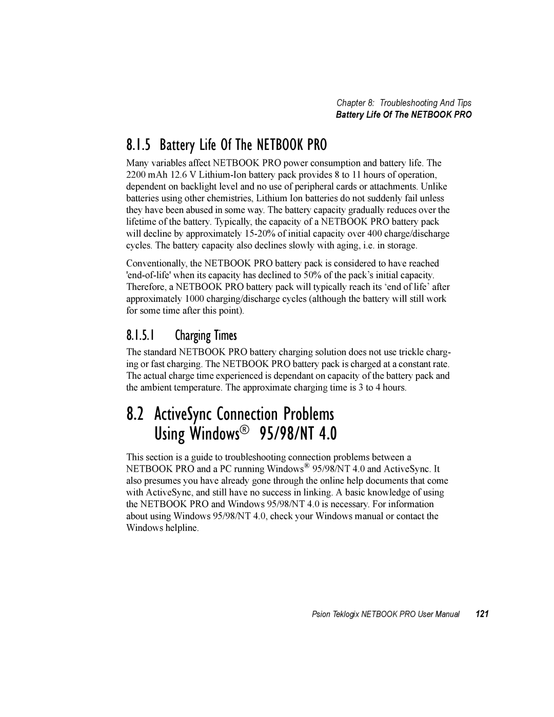 Psion Teklogix none user manual Battery Life Of The Netbook PRO, Charging Times, 121 