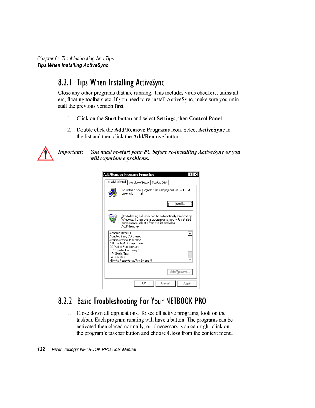 Psion Teklogix none user manual Tips When Installing ActiveSync, Basic Troubleshooting For Your Netbook PRO 