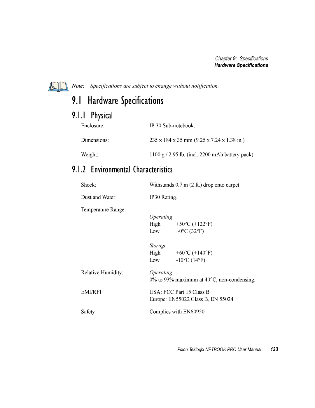 Psion Teklogix none user manual Environmental Characteristics, Hardware Specifications, 133 