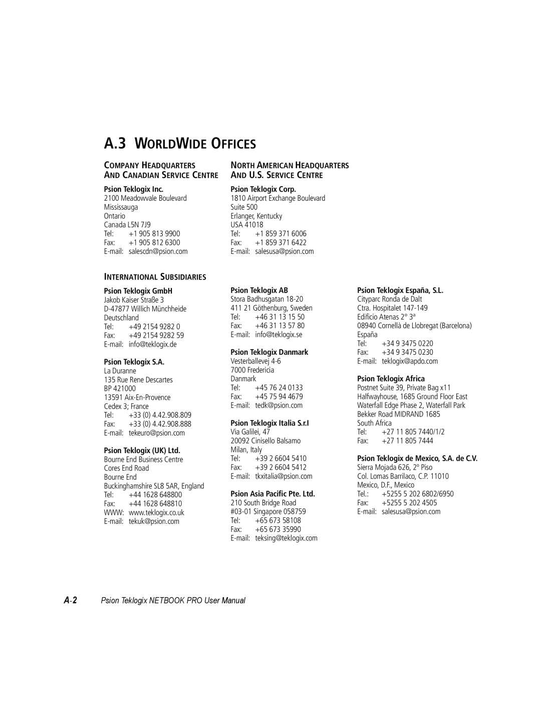 Psion Teklogix none user manual Worldwide Offices 