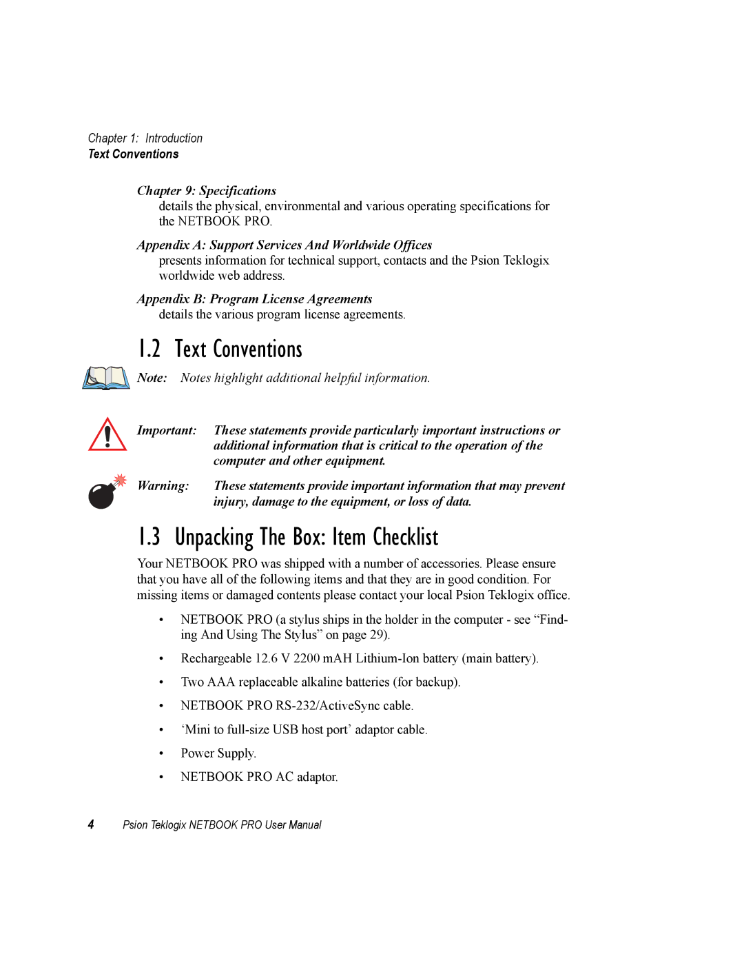 Psion Teklogix none user manual Text Conventions, Unpacking The Box Item Checklist 