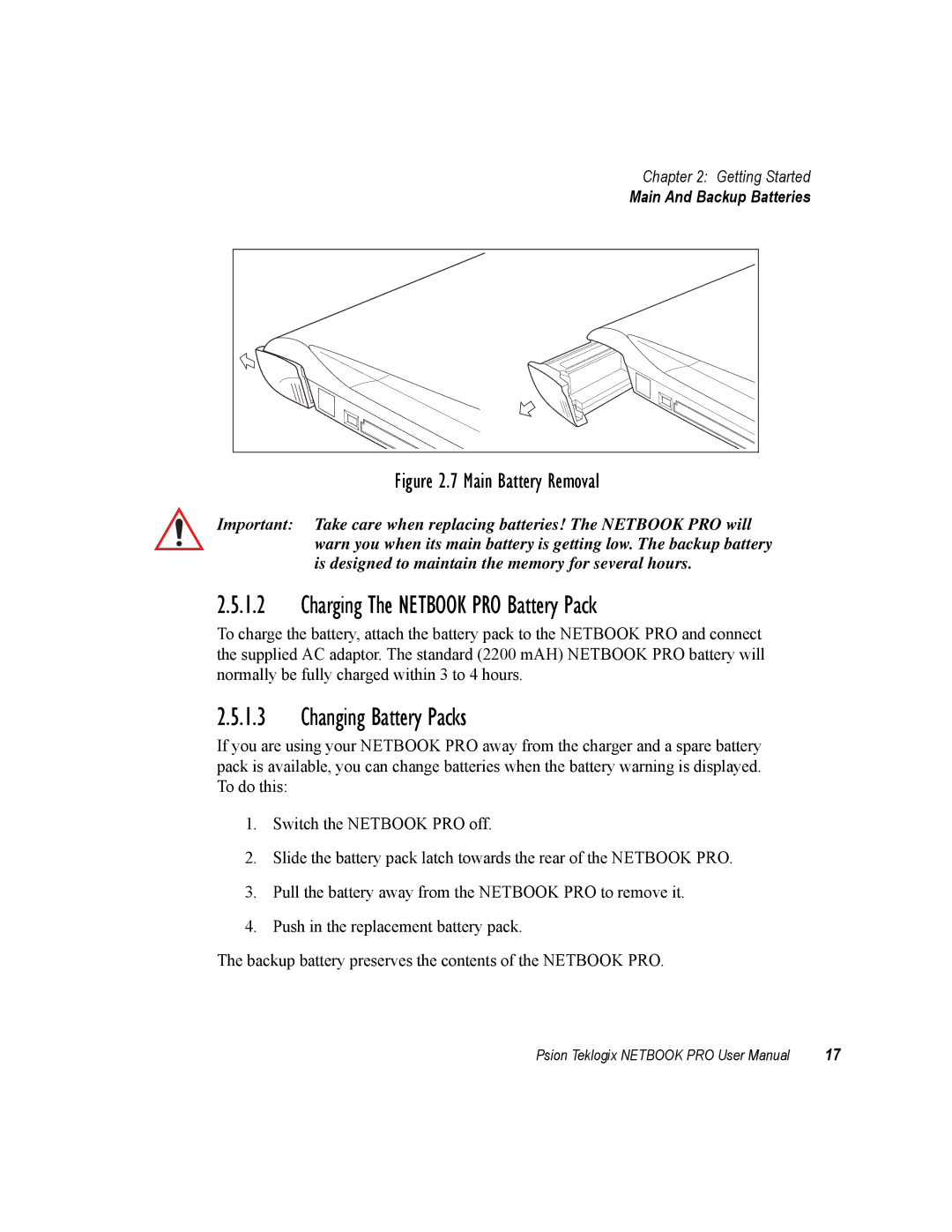 Psion Teklogix none user manual Charging The Netbook PRO Battery Pack, Changing Battery Packs, Main And Backup Batteries 