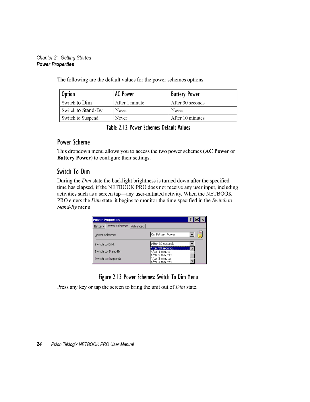 Psion Teklogix none user manual Power Scheme, Switch To Dim 