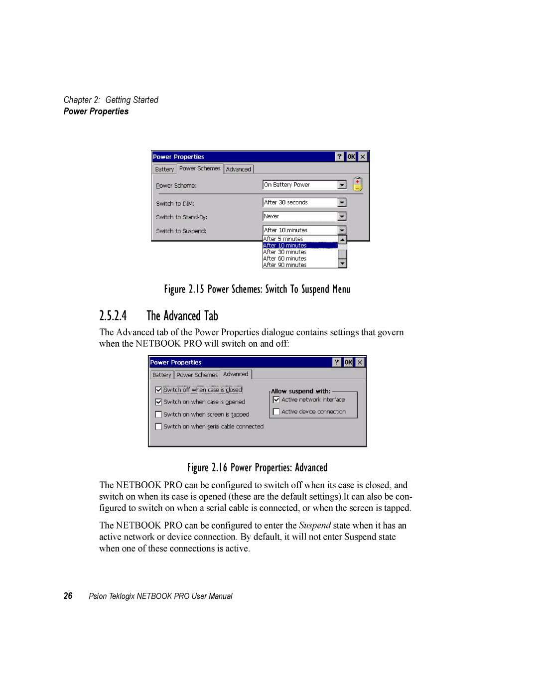 Psion Teklogix none user manual Advanced Tab, Power Schemes Switch To Suspend Menu 