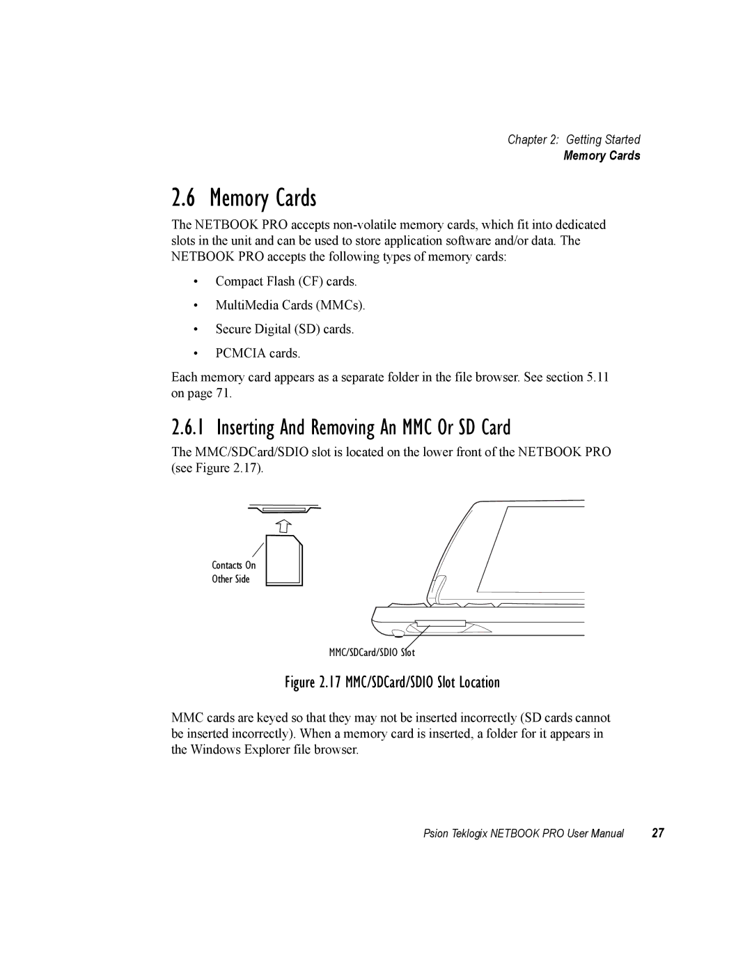 Psion Teklogix none user manual Memory Cards, Inserting And Removing An MMC Or SD Card 