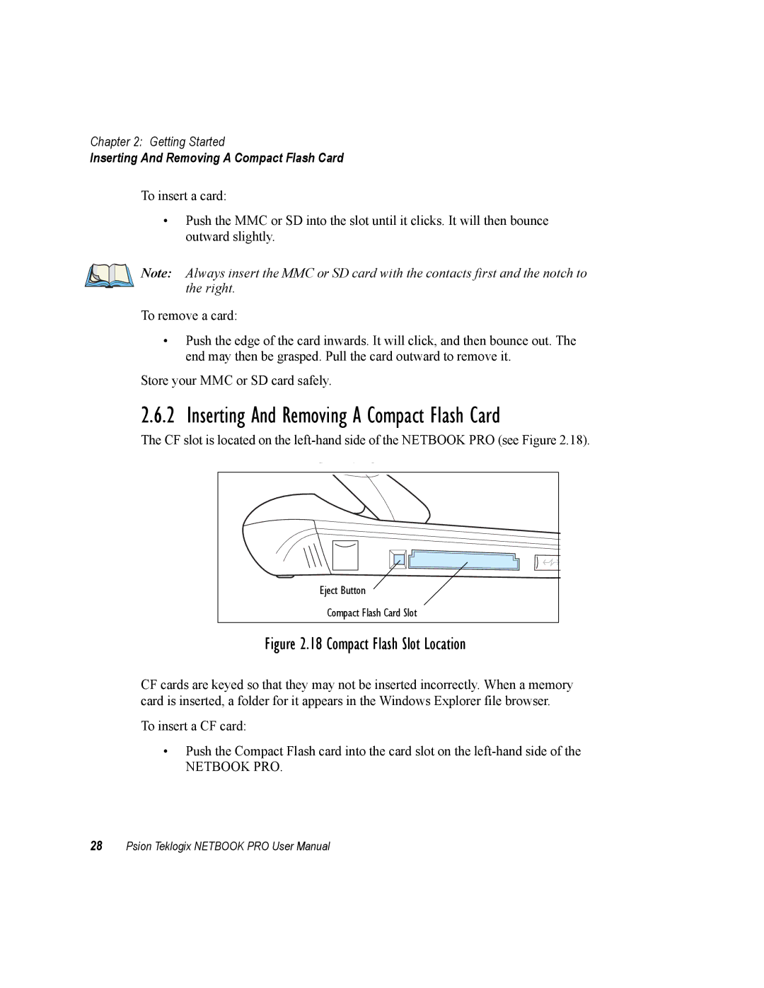 Psion Teklogix none user manual Inserting And Removing a Compact Flash Card 