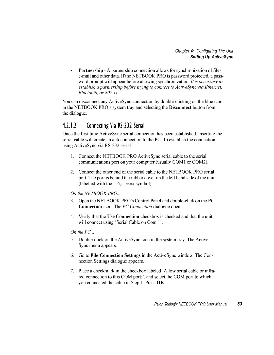 Psion Teklogix none user manual Connecting Via RS-232 Serial, Setting Up ActiveSync 