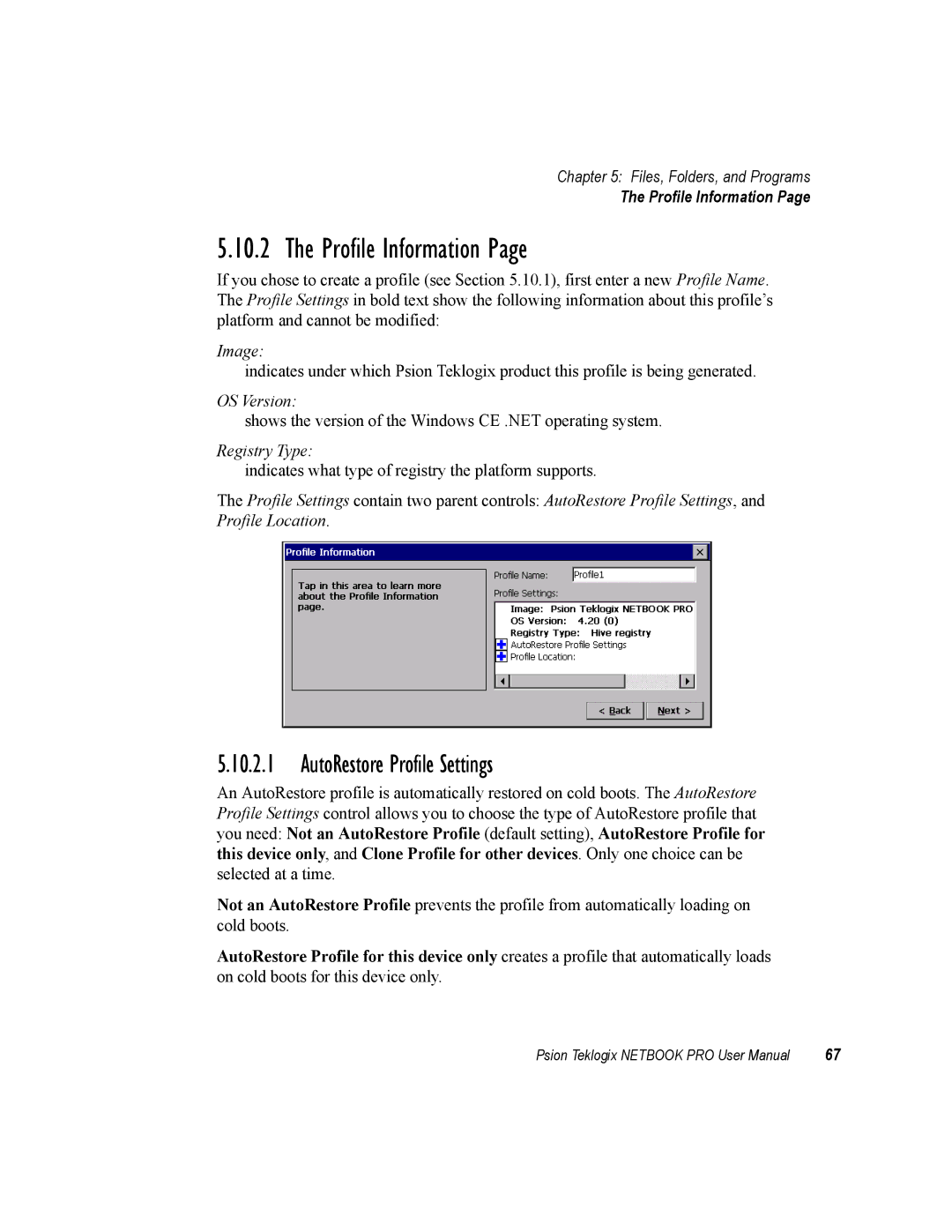 Psion Teklogix none user manual Profile Information, AutoRestore Profile Settings 