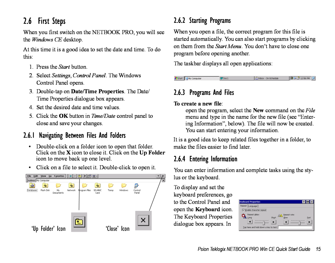 Psion Teklogix Notebook Pro First Steps, Starting Programs, Programs And Files, Entering Information, ‘Up Folder’ Icon 