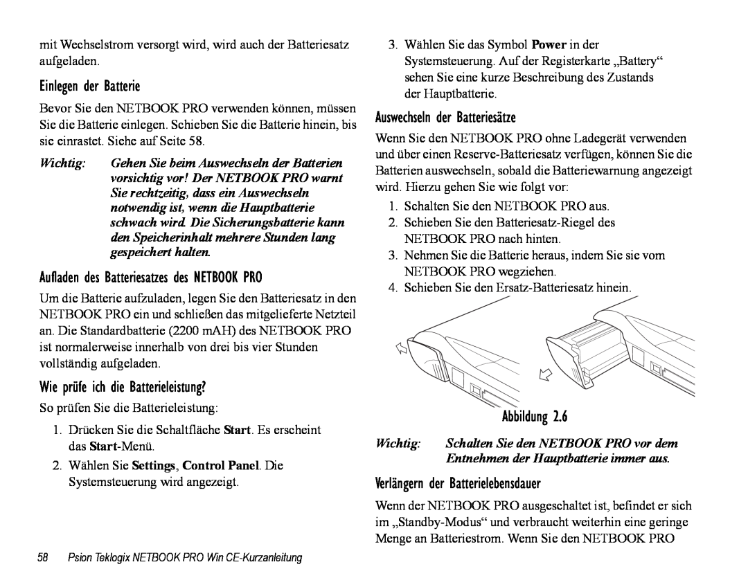 Psion Teklogix Notebook Pro Einlegen der Batterie, Wie prüfe ich die Batterieleistung?, Auswechseln der Batteriesätze 