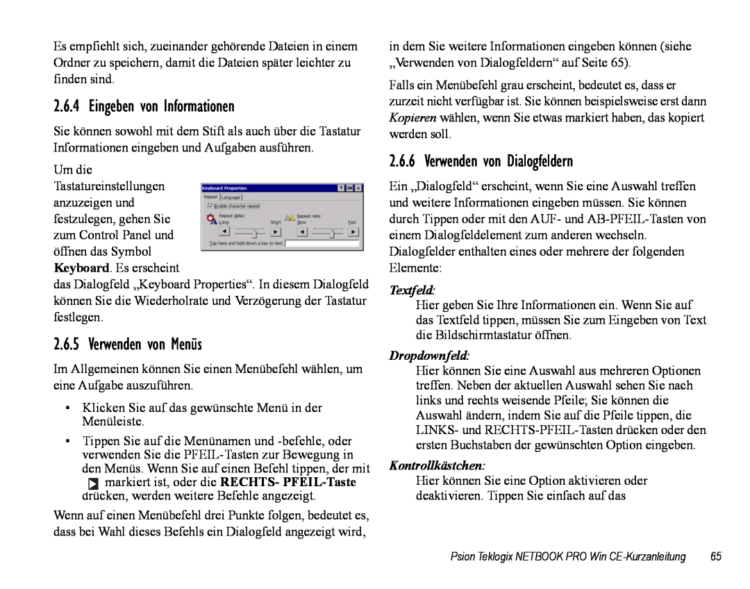 Psion Teklogix Notebook Pro Eingeben von Informationen, Verwenden von Menüs, Verwenden von Dialogfeldern, Textfeld 