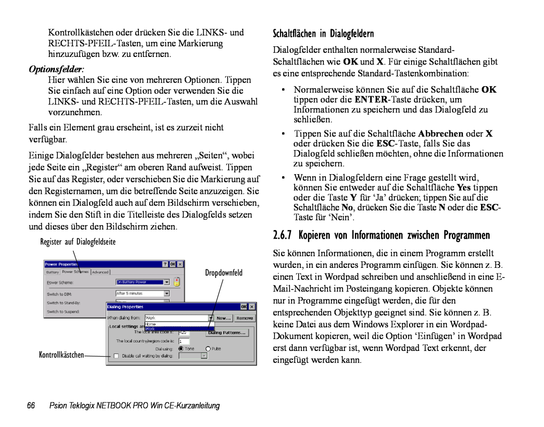 Psion Teklogix Notebook Pro quick start Schaltflächen in Dialogfeldern, Kopieren von Informationen zwischen Programmen 
