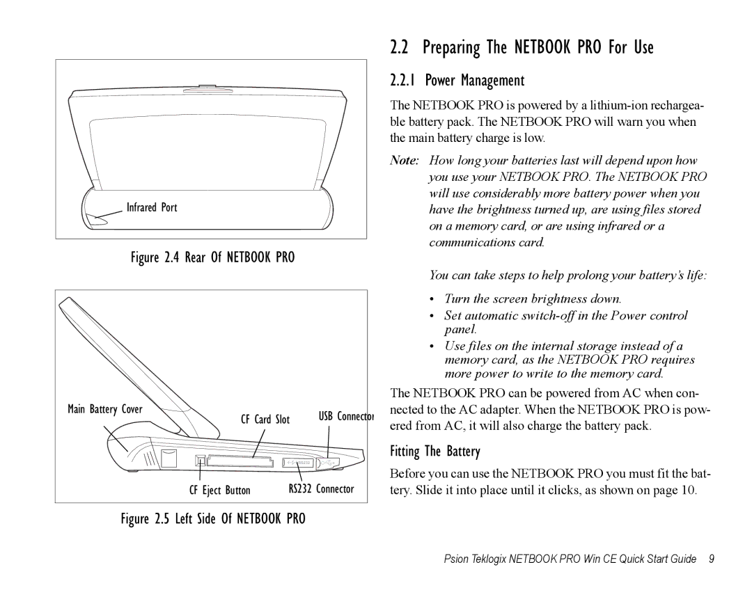 Psion Teklogix Notebook Pro quick start Preparing The Netbook PRO For Use, Power Management, Fitting The Battery 