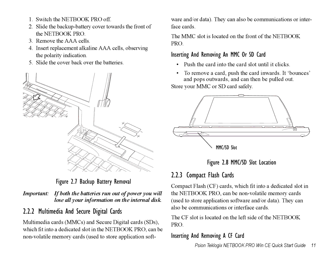 Psion Teklogix Notebook Pro Multimedia And Secure Digital Cards, Compact Flash Cards, Inserting And Removing a CF Card 