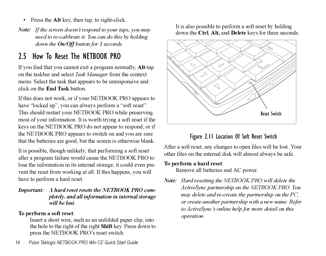 Psion Teklogix Notebook Pro quick start How To Reset The Netbook PRO, To perform a soft reset, To perform a hard reset 