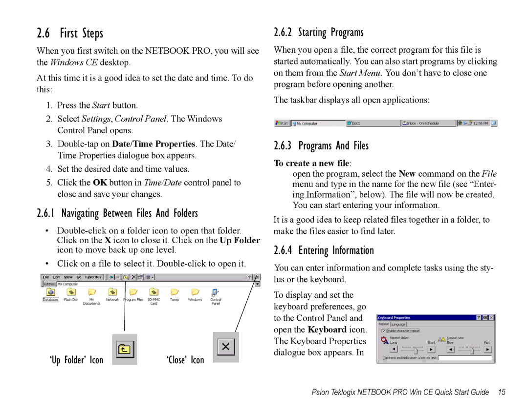 Psion Teklogix Notebook Pro quick start First Steps, Starting Programs, Programs And Files, Entering Information 