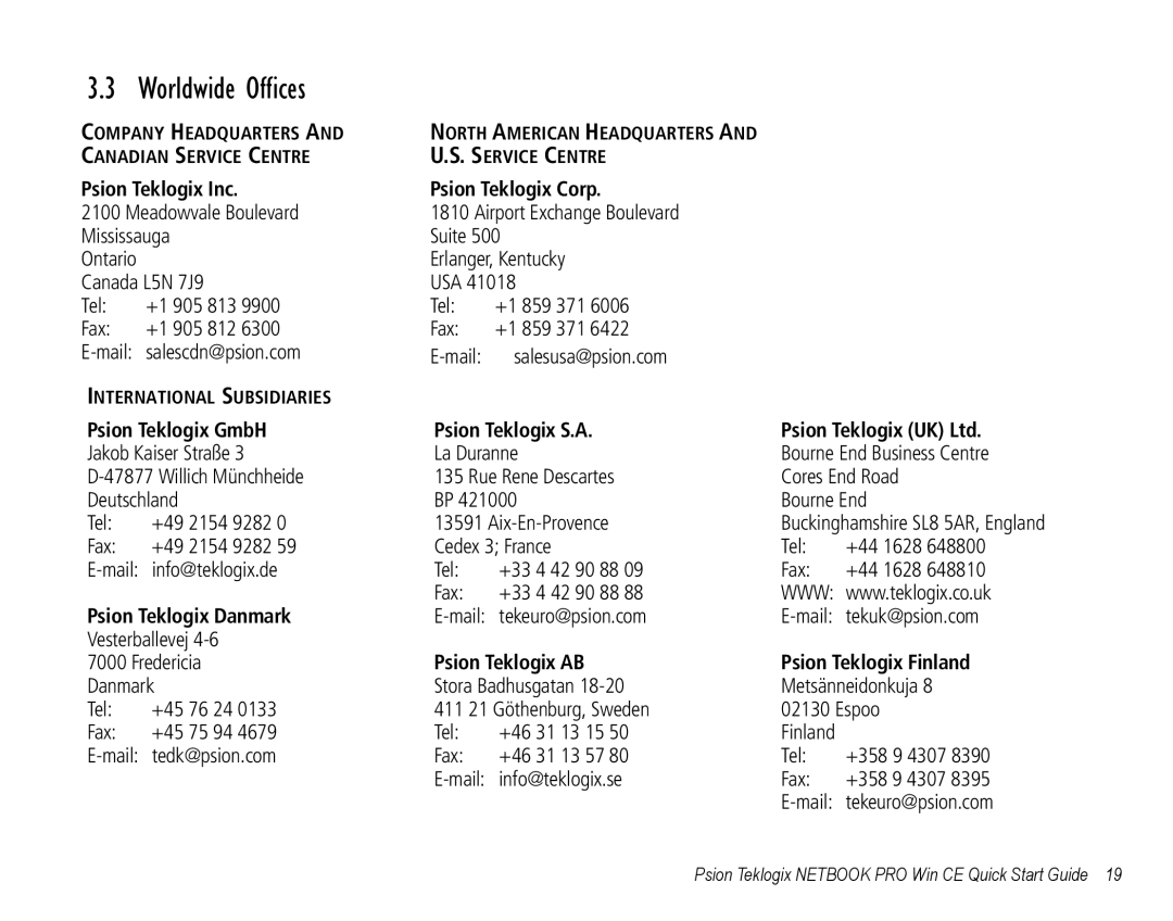 Psion Teklogix Notebook Pro quick start Worldwide Offices, Psion Teklogix Inc Psion Teklogix Corp 